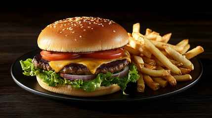Delicious cheeseburger served with golden crispy fries on a dark table. 