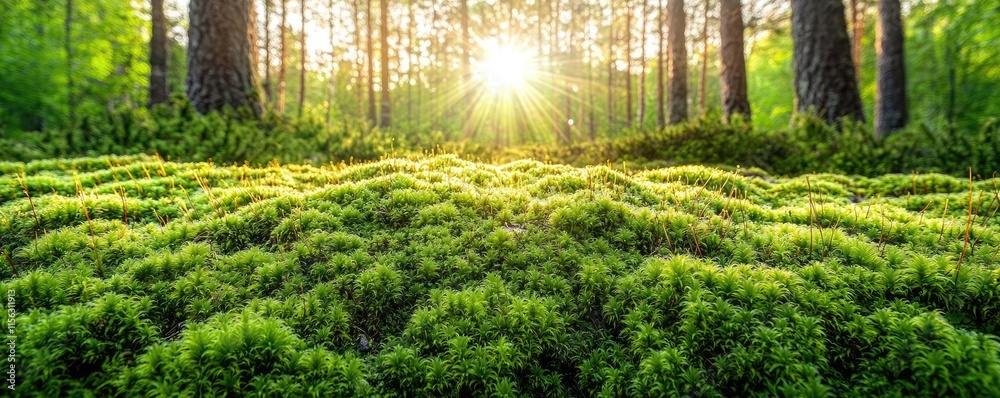 Poster moss forest concept. sunlight filters through trees onto lush green moss in a tranquil forest settin