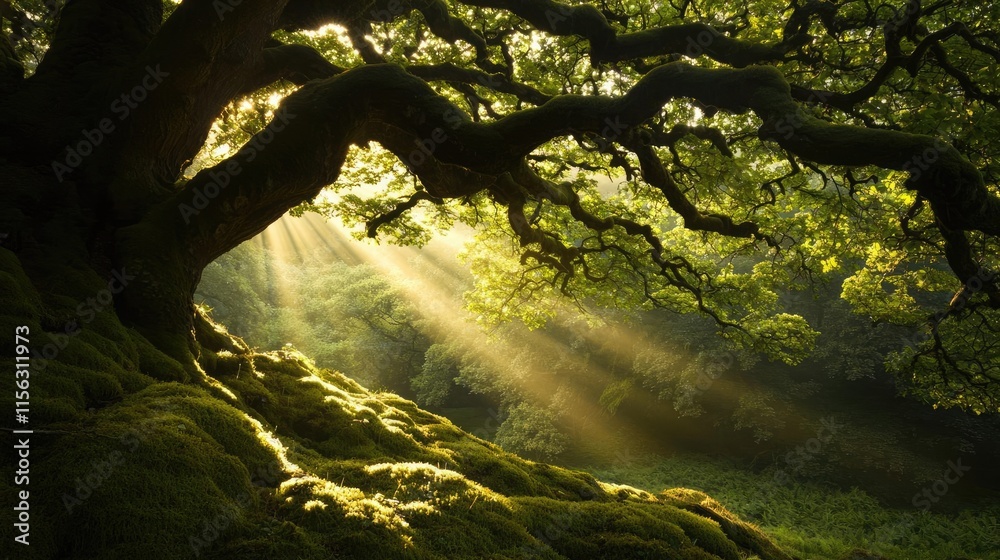 Poster Moss forest concept. A majestic tree with sunlight filtering through its leaves, creating a serene atmosphere.