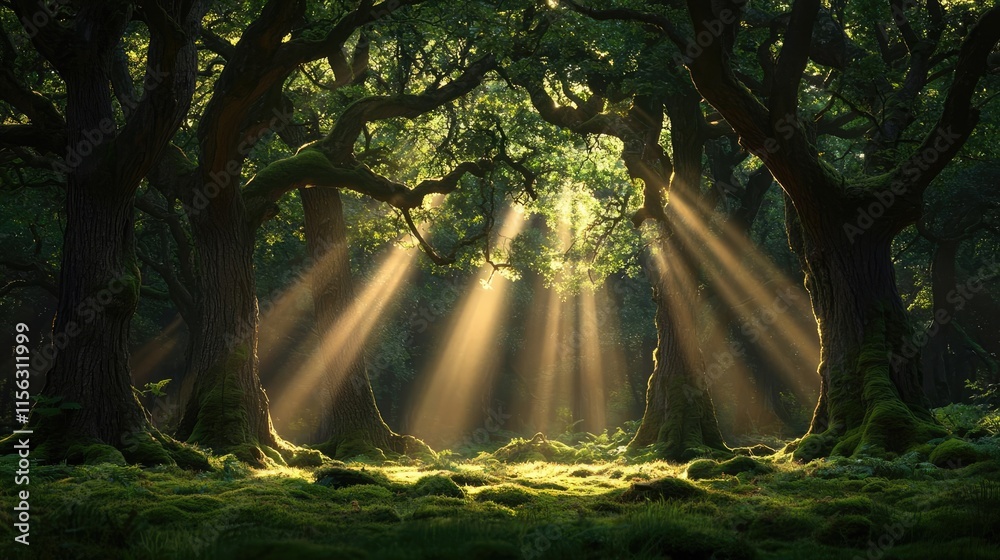 Poster Moss forest concept. Sunlight filters through dense trees in a tranquil forest, creating a serene atmosphere.