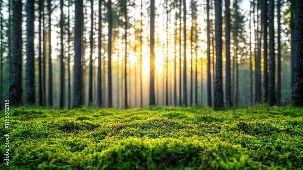 Poster moss forest concept. a serene forest scene with tall trees and sunbeams shining through the foliage.