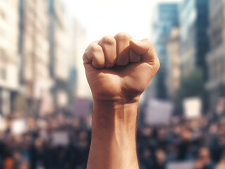 Fist of strength raised in protest at a street march
