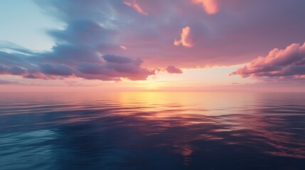 Obraz premium Serene sunset over calm ocean water, pink and orange hues in sky and reflected on water surface.