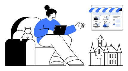 Woman uses laptop next to cat, managing online store. Castle signifies success and aspirations. Ideal for e-commerce, remote work, entrepreneurship, online shopping, home office solutions, work-life