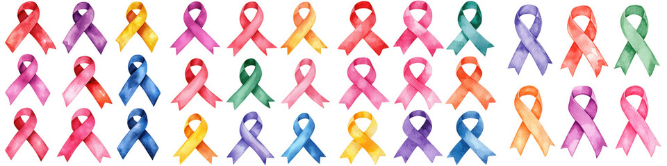 World cancer day element, Colorful cancer awareness ribbons in various patterns and styles, isolated on transparent background.