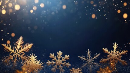 Obraz premium Sparkling Gold Glitter Snowflakes on Dark Blue Background Festive Christmas & Winter Holiday Design