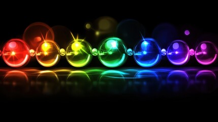 Vibrant Rainbow Spheres Abstract Glowing Orb Chain on Black Background - Stock Photo