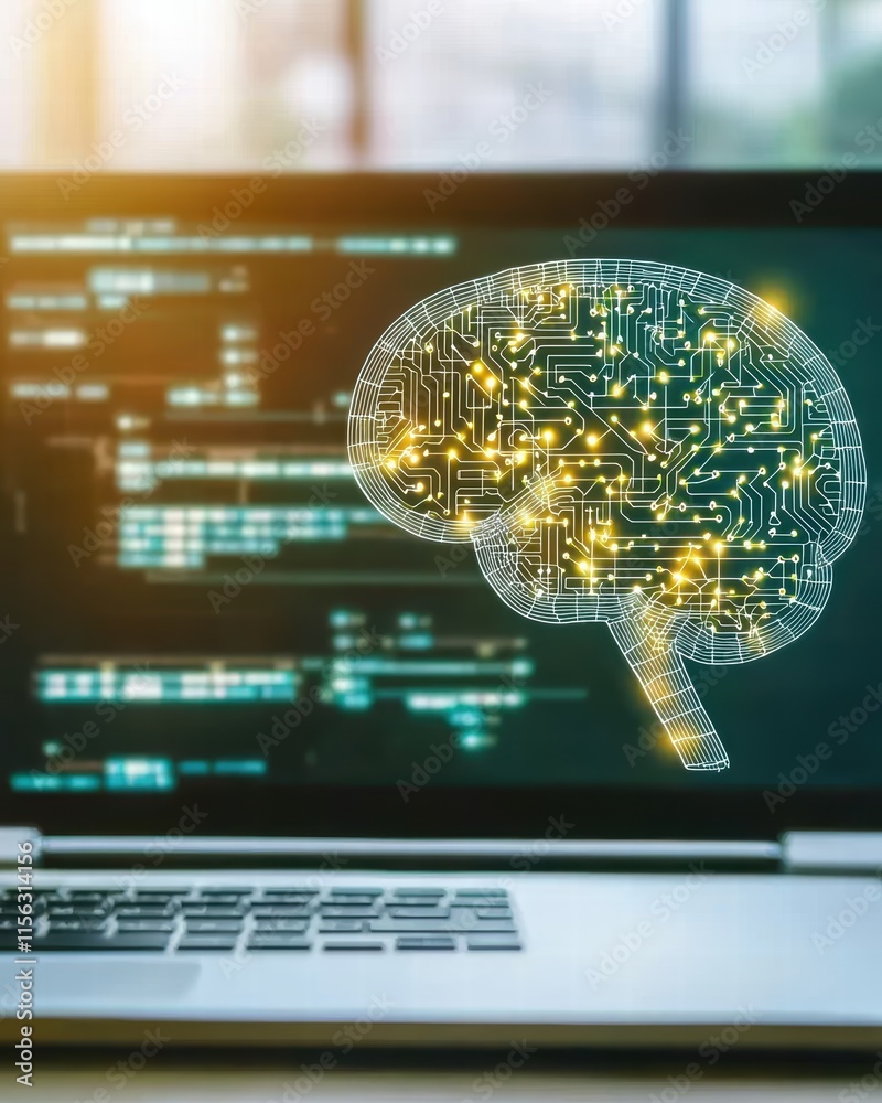 Poster digital brain concept on laptop displayed with data visualization