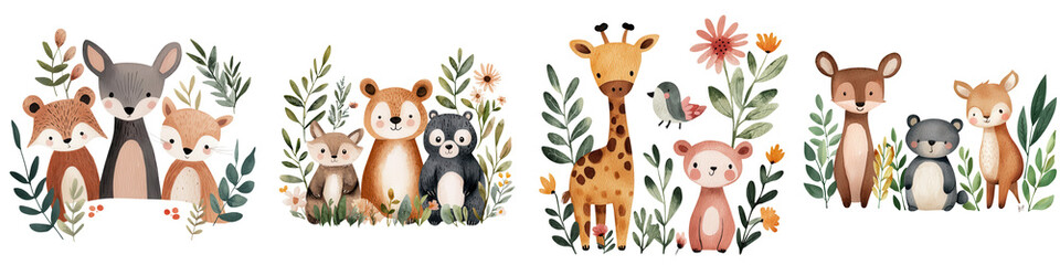 World spay day element, Cute animals in garden surrounded by flowers and greenery, isolated on transparent background.