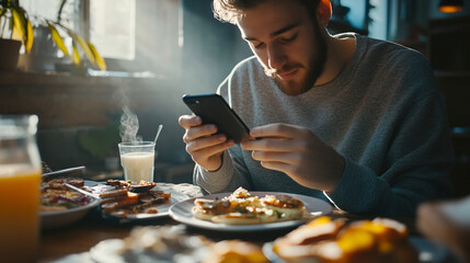 Young man enjoying breakfast while using smartphone in cozy cafe setting. 