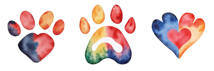 World spay day element, Colorful paw prints and heart shapes in watercolor style, isolated on transparent background.