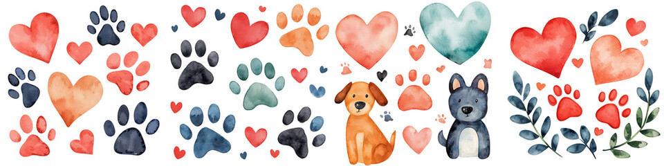 World spay day element, Watercolor paw prints and hearts with cute dogs and foliage, isolated on transparent background.
