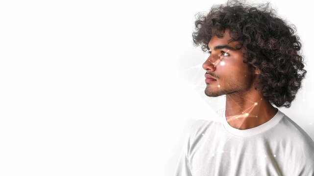 Copy-space for text. Minimalistic background. Black male model thin aquiline nose long curly hair. Black man. Wow trends. Fashion. Elegant man. A seductive guy. Fatal man. Generate AI.