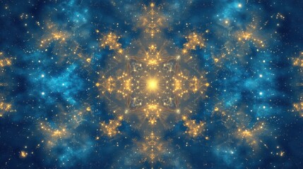 Celestial Kaleidoscope Golden Nebula and Blue Cosmic Dust in a Symmetrical Starfield Pattern - Abstract Space Background