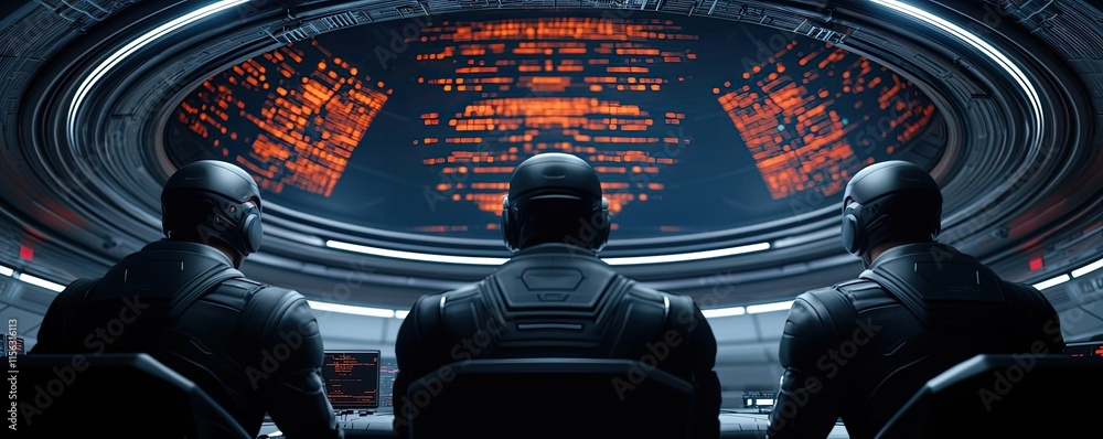 Poster Operation center idea. Futuristic scene with three figures observing advanced data in a high-tech control room.