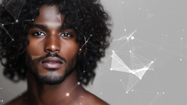 Copy-space for text. Minimalistic background. Black male model thin aquiline nose long curly hair. Black man. Wow trends. Fashion. Elegant man. A seductive guy. Fatal man. Generate AI.