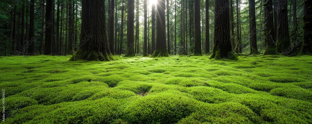 Poster moss forest concept. serene forest scene with green moss covering the ground and sunlight filtering 