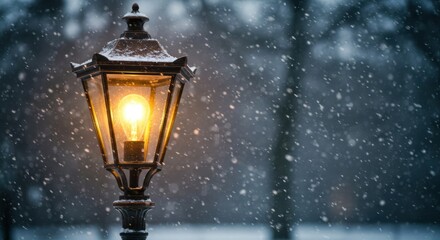 Illuminated Lantern During Winter Snowfall