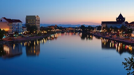 Obraz premium Serene Twilight over Calm River with Reflections and Charming Lights