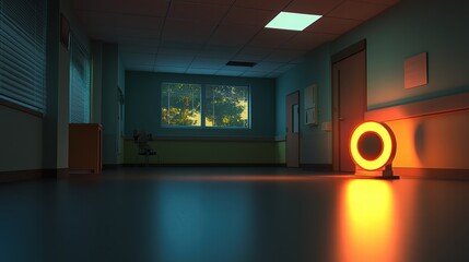 Orange Light Source Illuminates Empty Hospital Corridor at Dusk