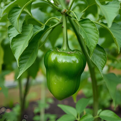 Green bell pepper Hanging on the tree In the organic garden