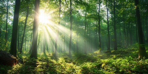 Serene Forest Scene with Beautiful Rays of Sunlight Streaming Through Lush Green Trees and Vibrant Underbrush in a Tranquil Setting
