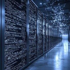 Data Center Corridor with Server Racks and Network Connections
