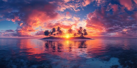 an incredible tropical island, with a colorful coral reef, a stunning sunset, and palm trees