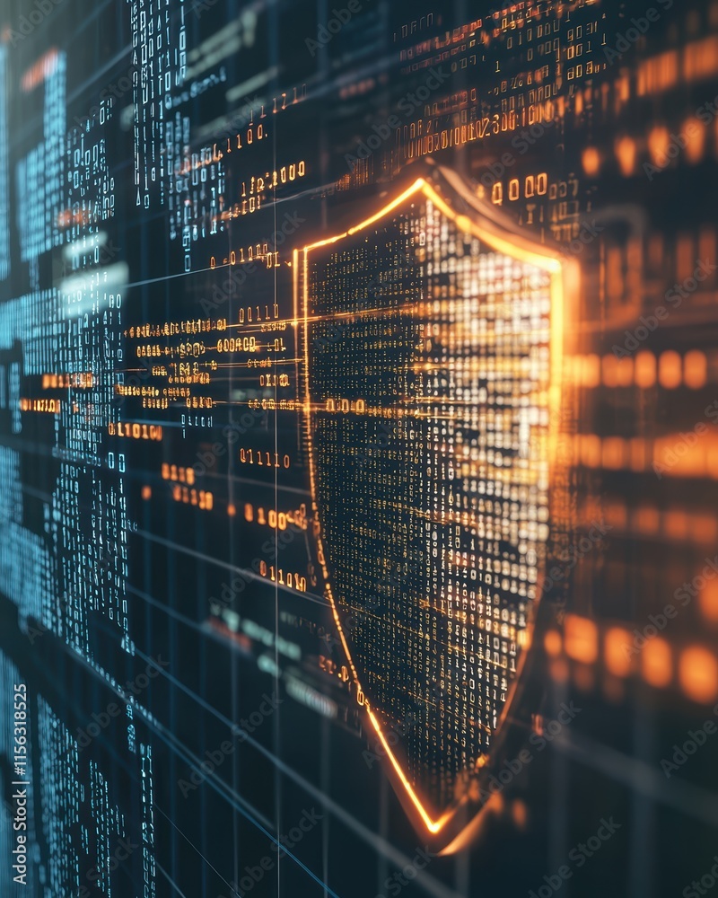 Poster digital shield icon against data streams and cyber security background