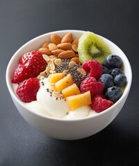 A bowl of yogurt topped with fresh fruits, nuts, and seeds, showcasing a healthy and colorful breakfast option.