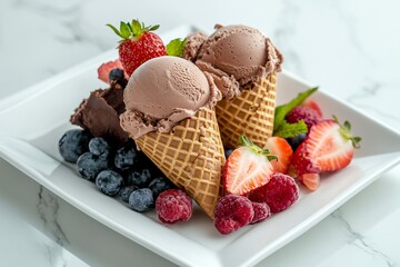 Chocolate ice cream in waffle cone served with assorted fruits, cashew brownie fudge cake and with generative ai