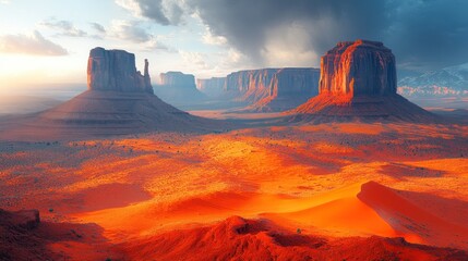 Naklejka premium A stunning desert landscape with towering rock formations and vibrant orange hues at sunset.