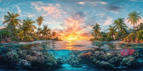 an incredible tropical island, with a colorful coral reef, a stunning sunset, and palm trees