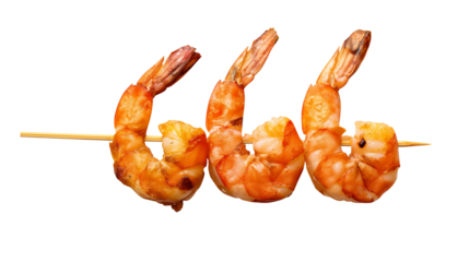 Roasted peeled prawn with skewer, Grilled shrimp on white background isolated on transparent background Remove png, Clipping Path, pen tool