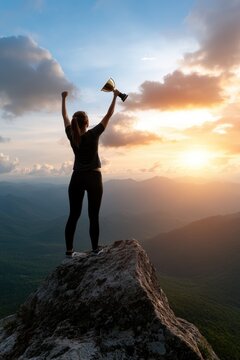 Mountain glory. triumphant figure atop peak, success earned through consistent effort, journey of achieving goals, giving back, and embracing the rewards of persistence and determination.