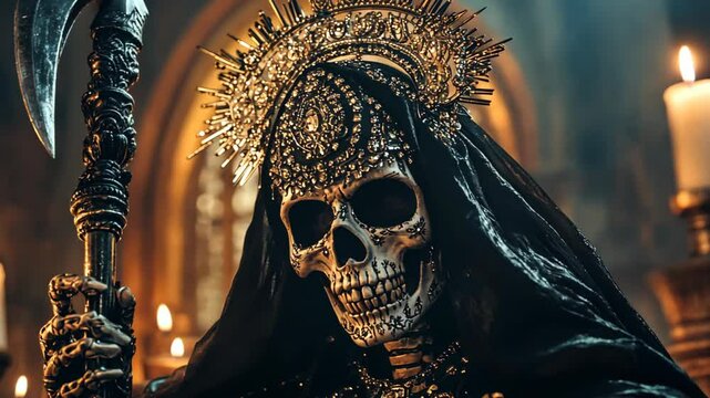 Avant-garde fantasy art, skull wearing black ornate robe holding mage staff