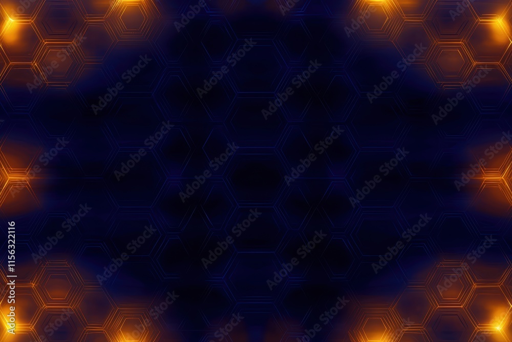 Poster Abstract hexagonal pattern with glowing orange and dark background