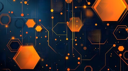 Abstract tech background with glowing orange hexagons and circuit board lines on dark blue for digital designs