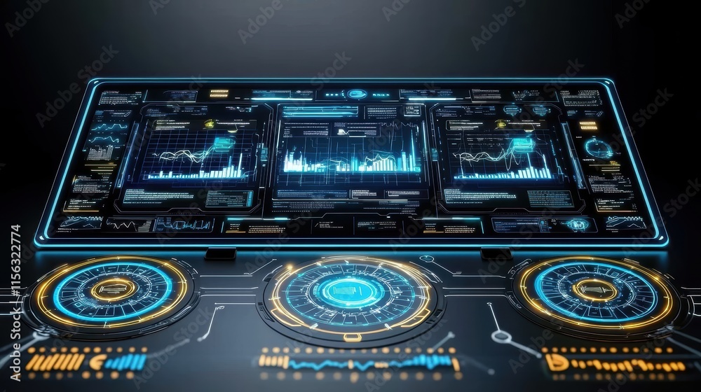 Poster futuristic control panel with data visualization and analytics dashboard