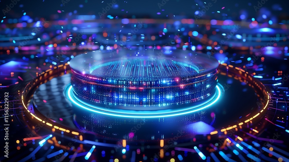 Wall mural 3d layered holographic chips spinning in a dynamic formation, surrounded by particle clouds of digit