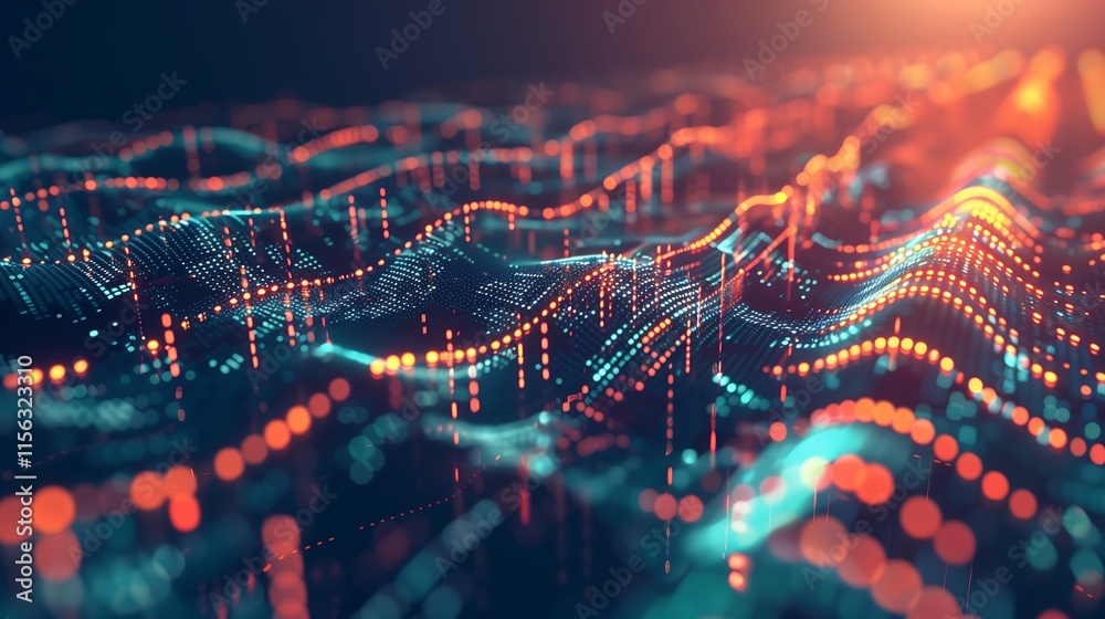 Poster abstract glowing data streams cascading vertically over a gradient black and teal background, symbol