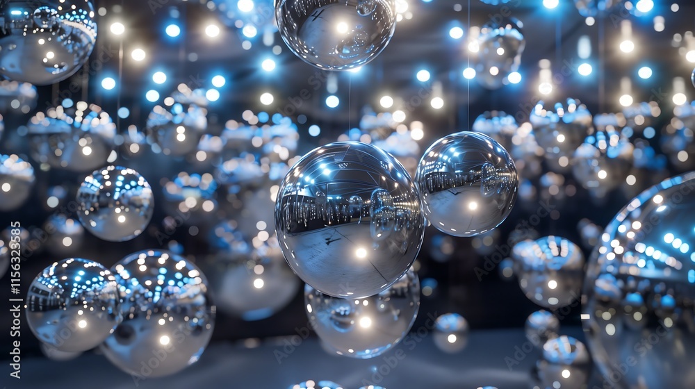 Poster abstract metallic spheres floating in a void, each displaying projected holograms of data and cyber 