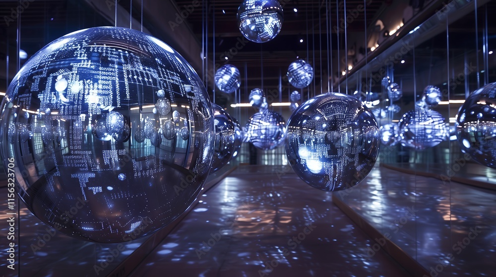 Poster abstract metallic spheres floating in a void, each displaying projected holograms of data and cyber 
