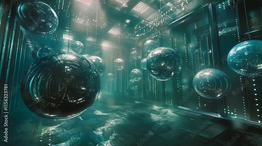 Poster abstract metallic spheres floating in a void, each displaying projected holograms of data and cyber 