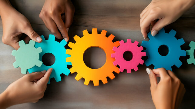 Hands assembling colorful gears on a wooden surface, symbolizing teamwork and collaboration in a creative or educational context.