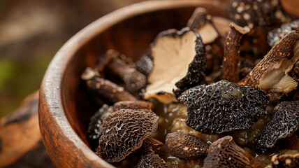 A gourmet mushroom risotto crafted with wild morels and chanterelles, finished with a drizzle of truffle oil, offering a creamy, rich texture and earthy flavors for an elegant dining experience