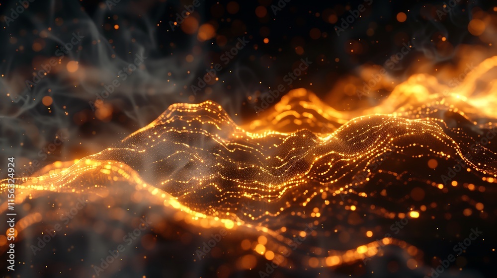 Poster glowing mesh of interconnected digital lines forming a dynamic wave pattern on a dark futuristic bac