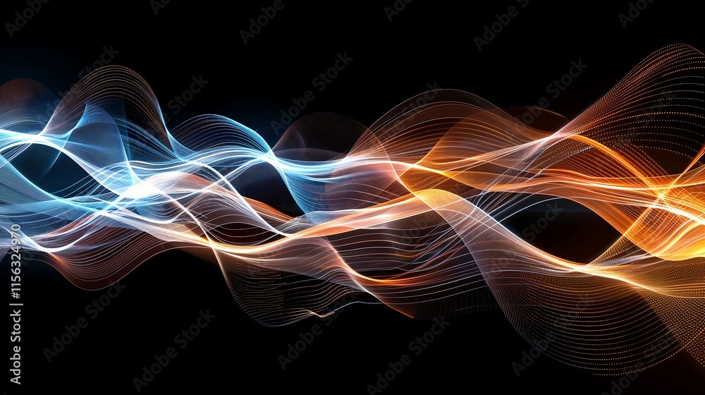 Poster glowing mesh of interconnected digital lines forming a dynamic wave pattern on a dark futuristic bac
