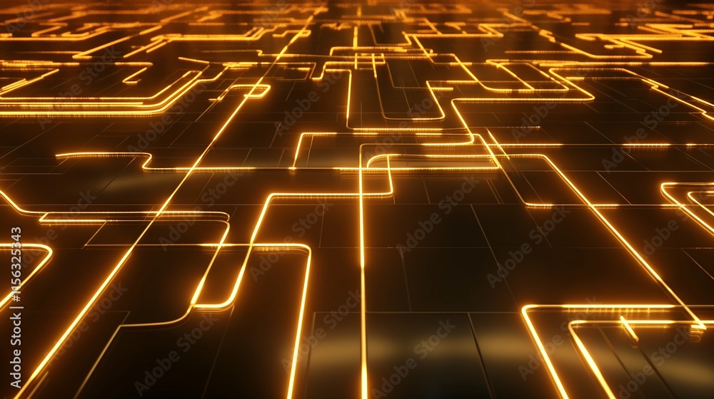Poster neon circuit lines weaving through a dark metallic background, creating a glowing grid-like pattern 