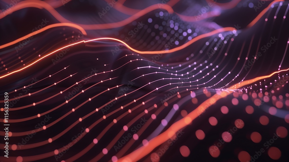 Poster neon circuit lines weaving through a dark metallic background, creating a glowing grid-like pattern 